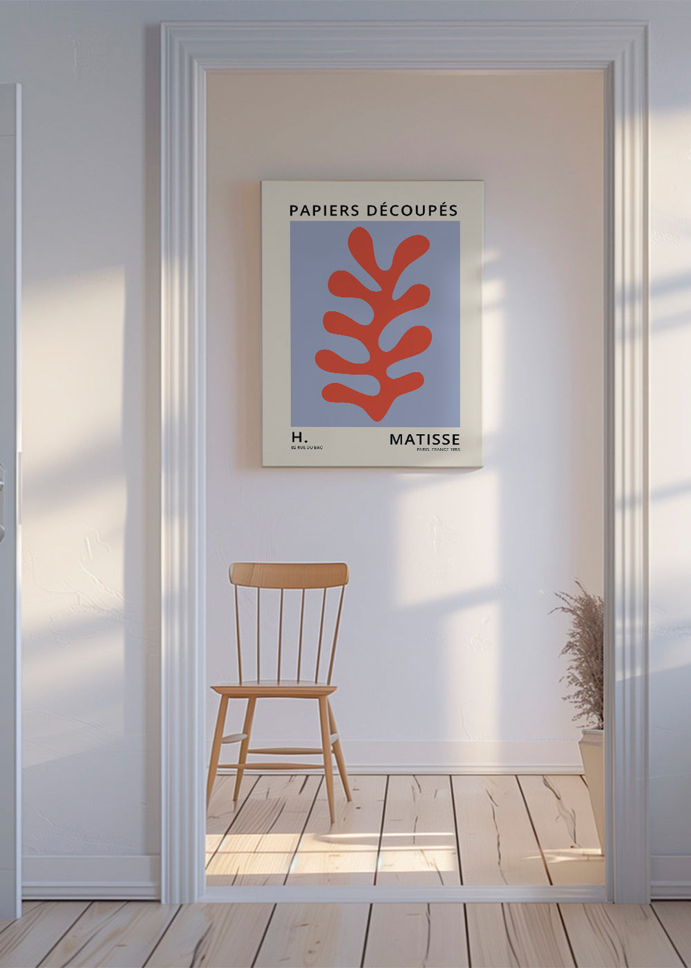 Botanisk plansch Matisse-stil: rött blad mot blå bakgrund