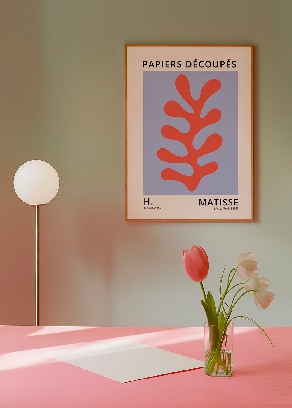 Botanisk plansch Matisse-stil: rött blad mot blå bakgrund