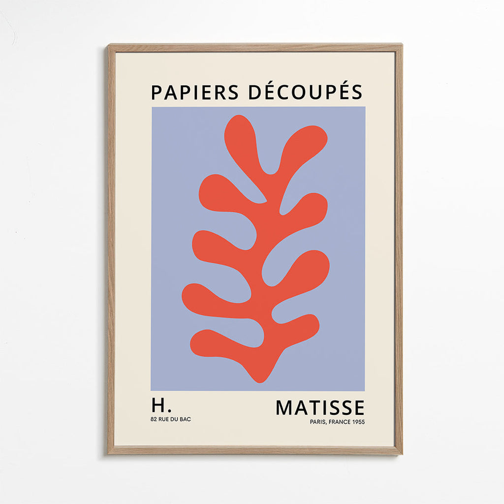 Botanisk plansch Matisse-stil: rött blad mot blå bakgrund