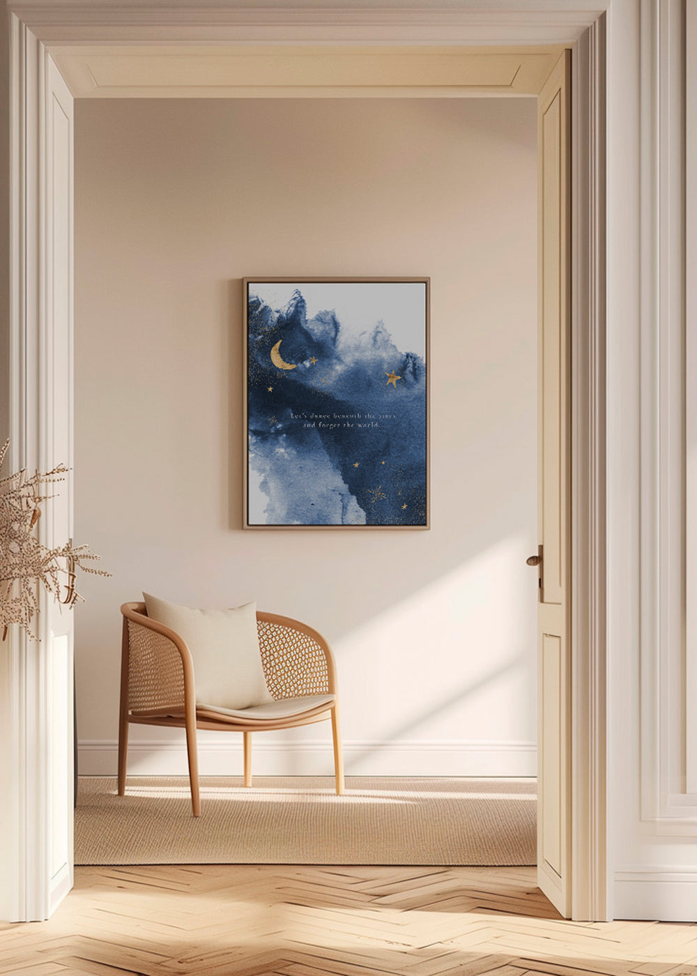 Månillustration i djupblått med citat