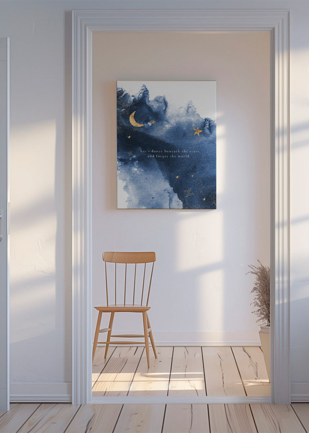 Månillustration i djupblått med citat