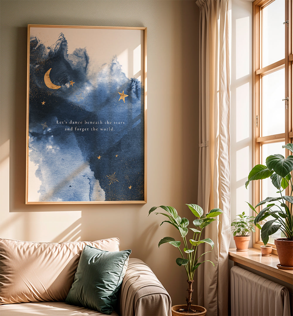Månillustration i djupblått med citat