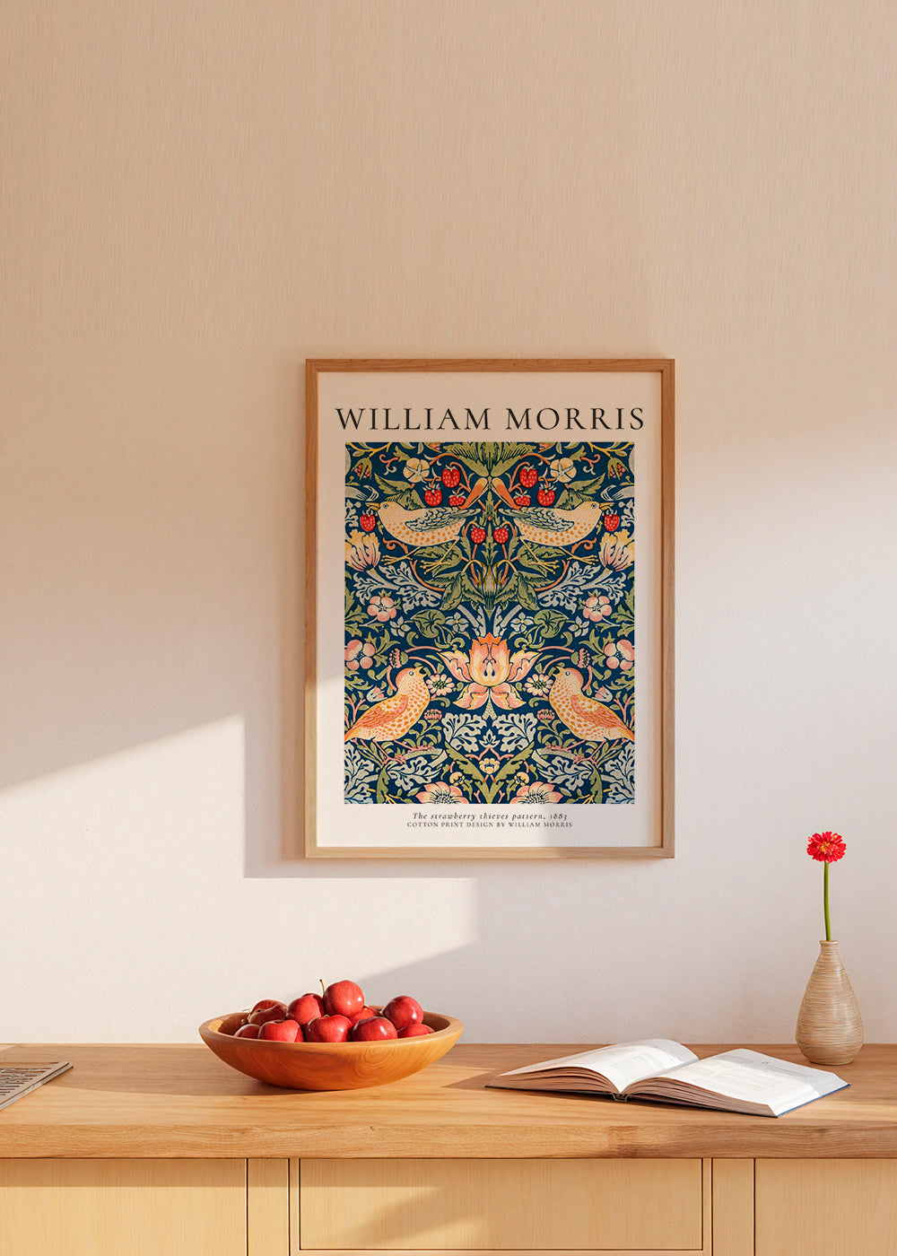 Botanisk tryck William Morris fåglar och jordgubbar