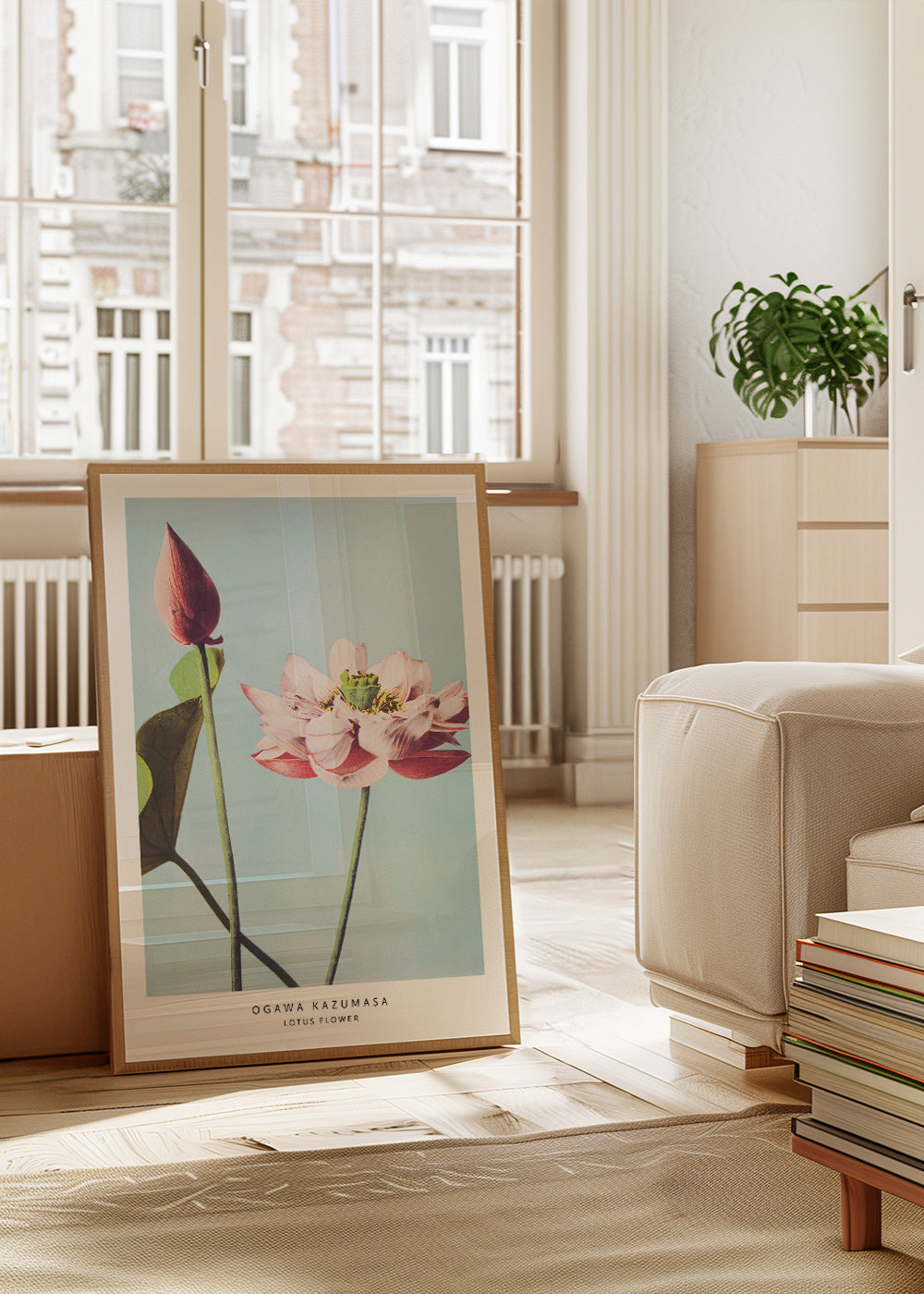 Botanisk poster lotusblomma mot blå bakgrund