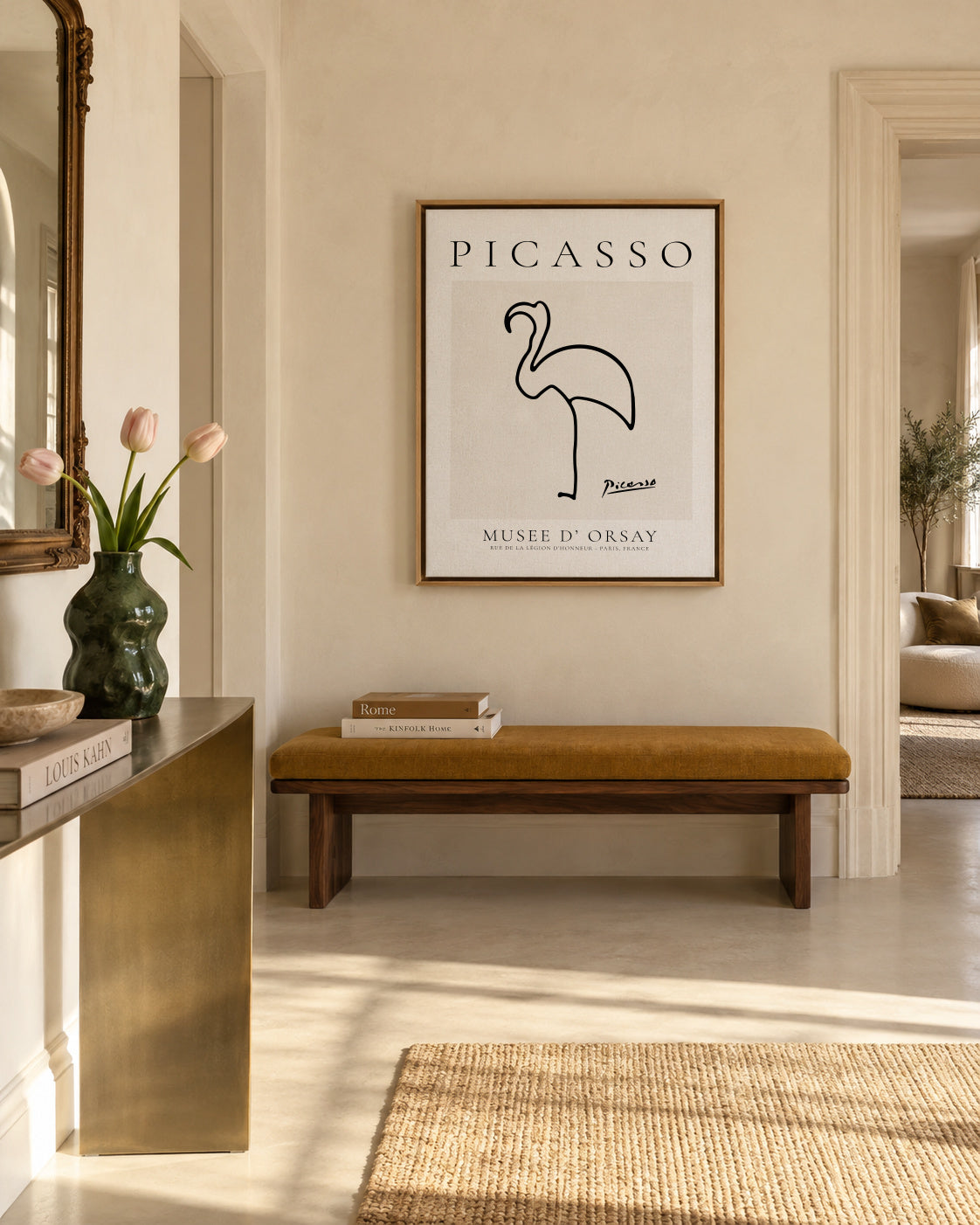 Pablo Picasso Animals Drawing Flamingo - Framed canvas in an interior