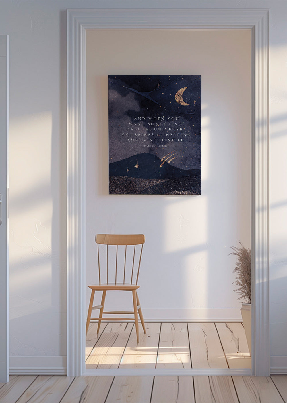Illustration av månupplyst universum med citat