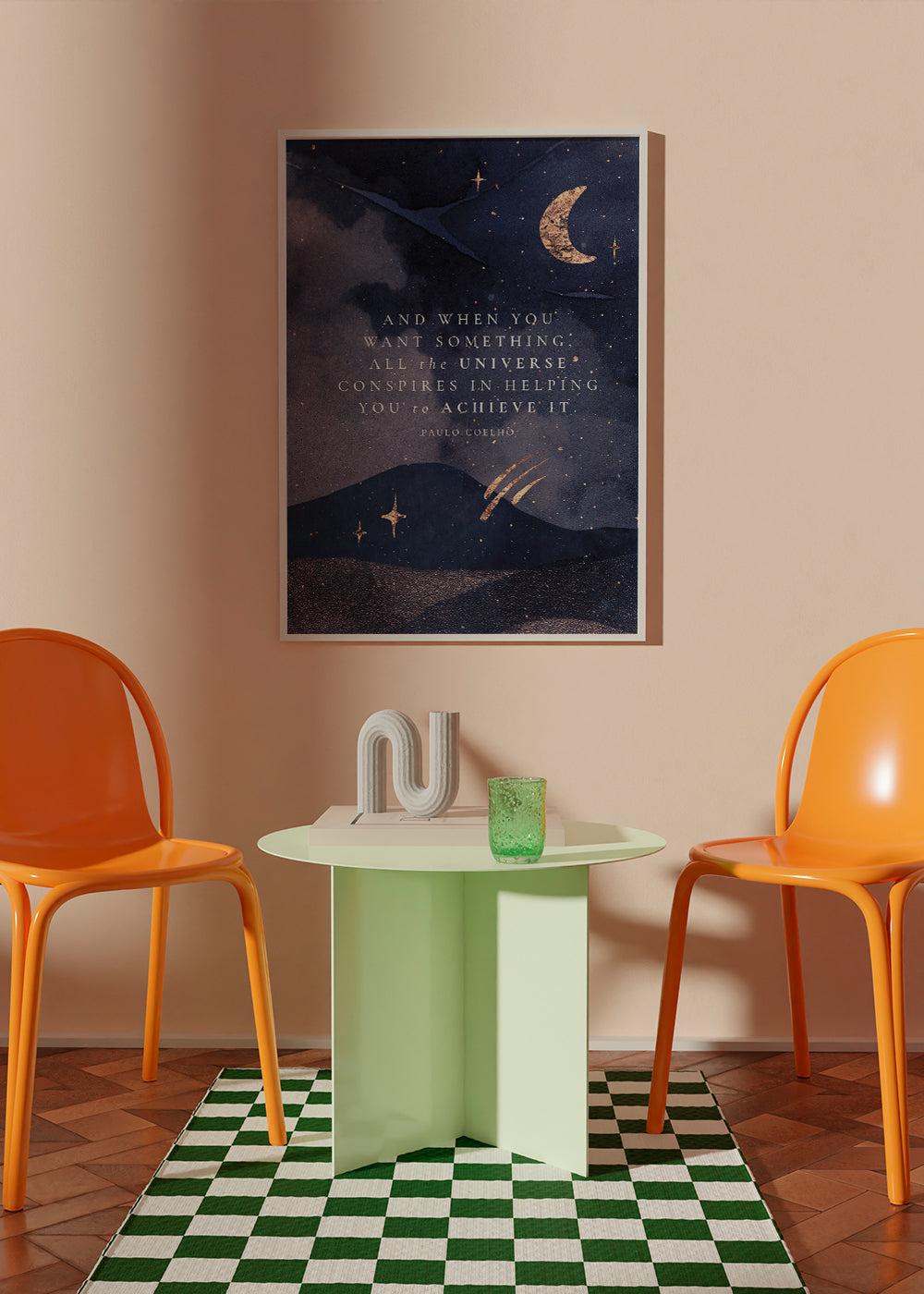 Illustration av månupplyst universum med citat