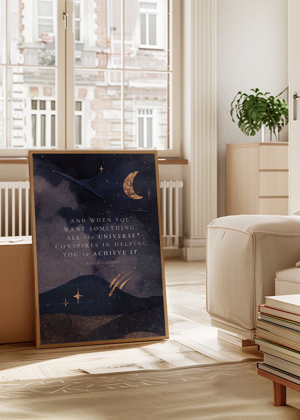 Illustration av månupplyst universum med citat
