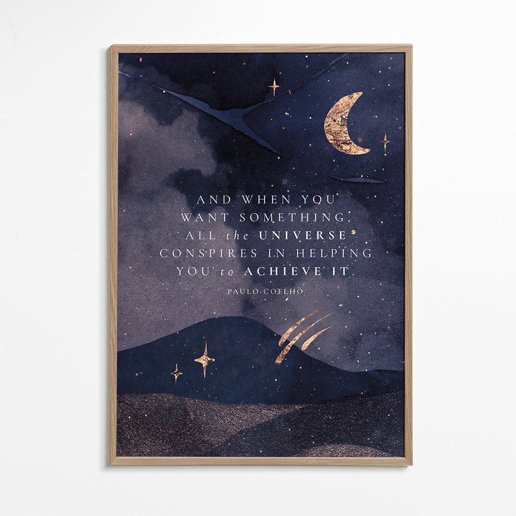 Illustration av månupplyst universum med citat