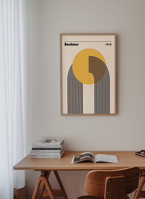 Geometrisk Bauhaus-affisch med gul cirkel