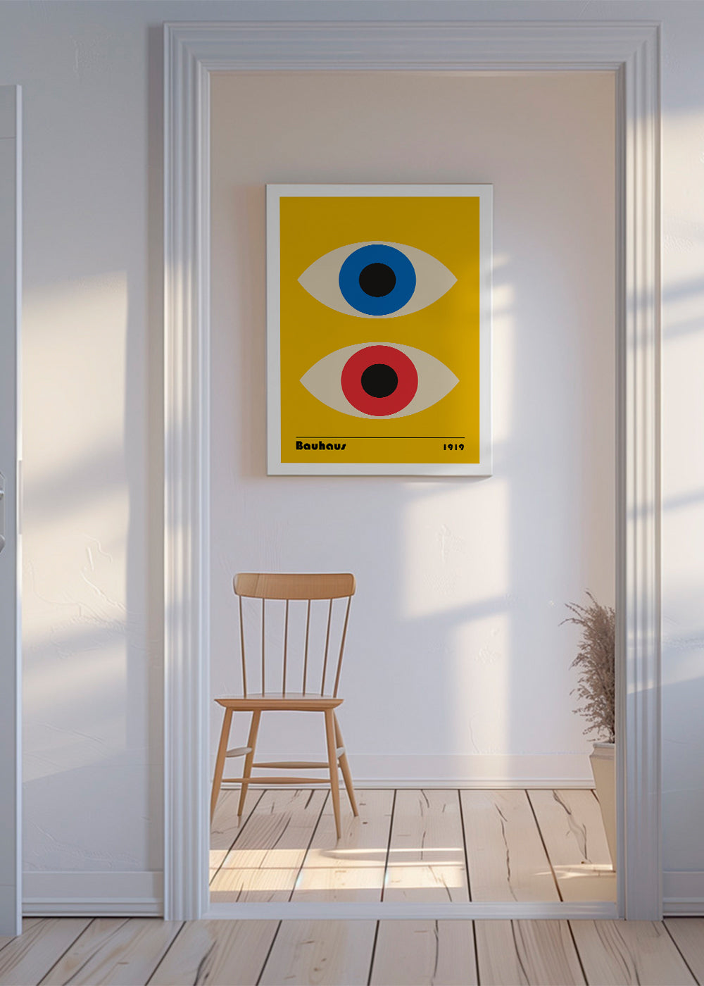 Geometrisk affisch Bauhaus med röda och blå ögon