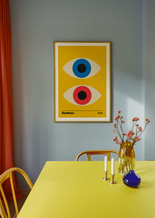 Geometrisk affisch Bauhaus med röda och blå ögon