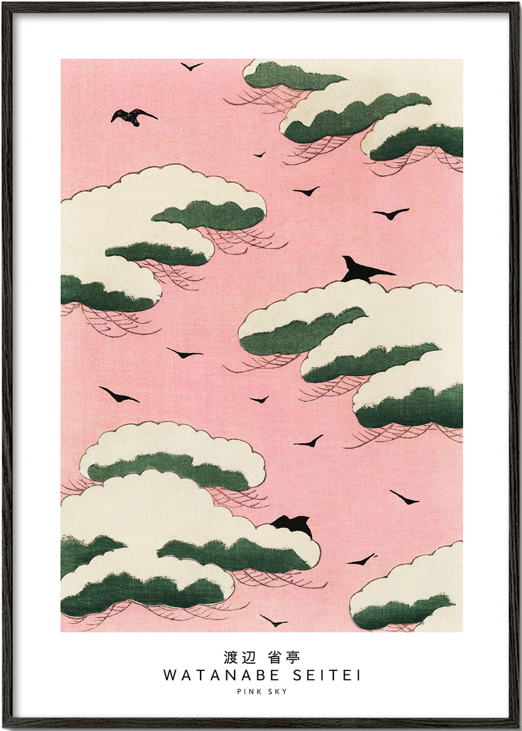 Japansk illustration rosa himmel med moln och fåglar