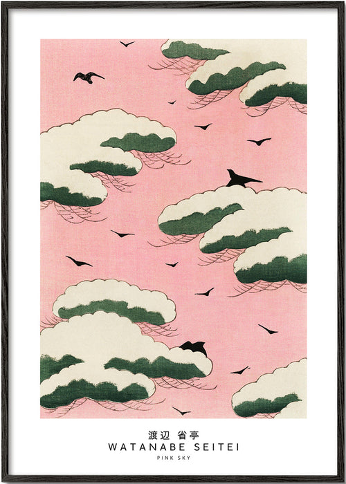Japansk illustration rosa himmel med moln och fåglar