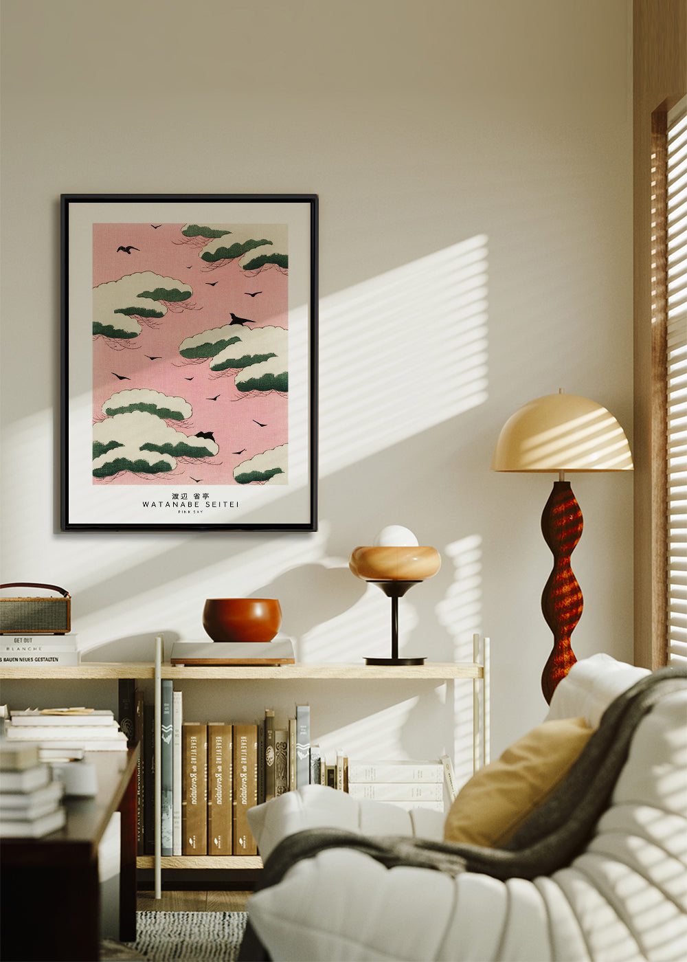 Japansk illustration rosa himmel med moln och fåglar