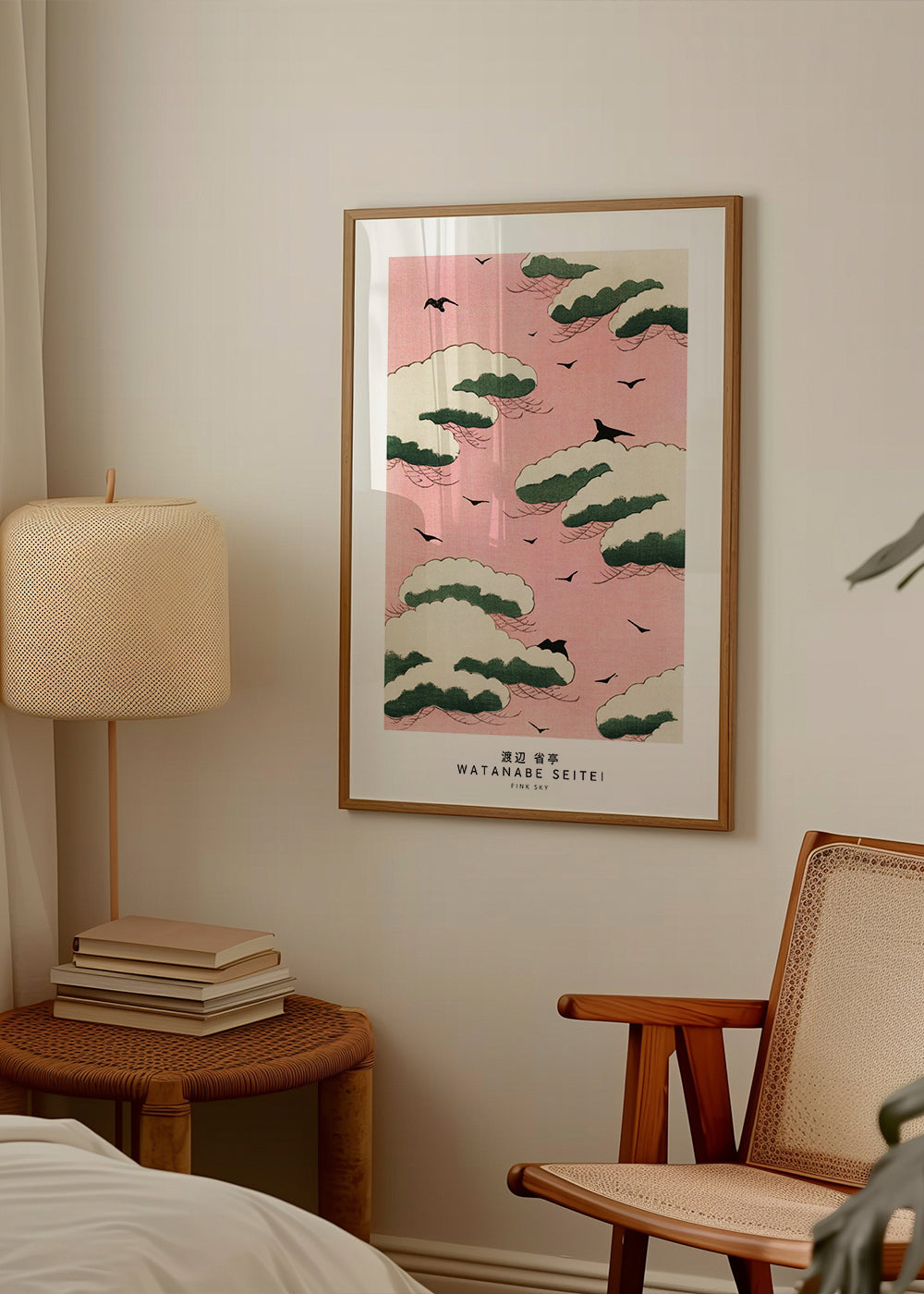 Japansk illustration rosa himmel med moln och fåglar