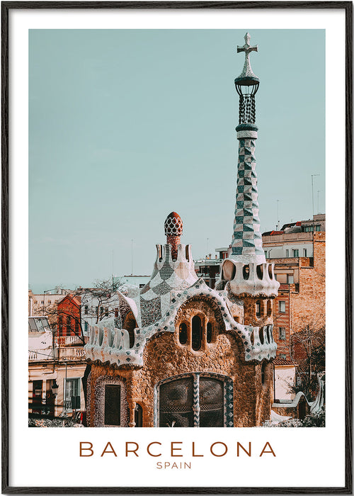 Reseaffisch Barcelona: modernistisk fasad i närbild