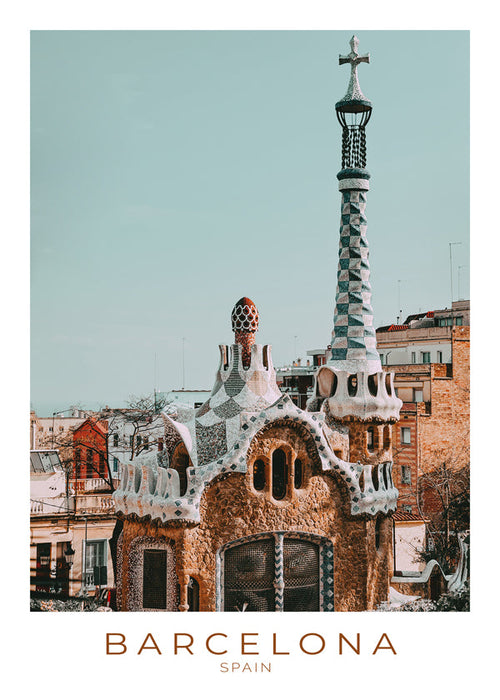 Reseaffisch Barcelona: modernistisk fasad i närbild