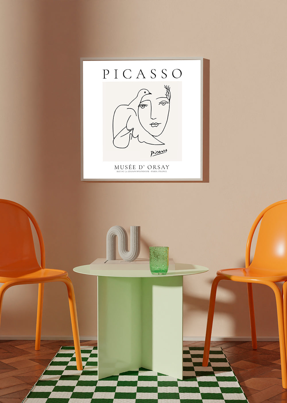 Minimalistisk illustration av duva och ansikte
