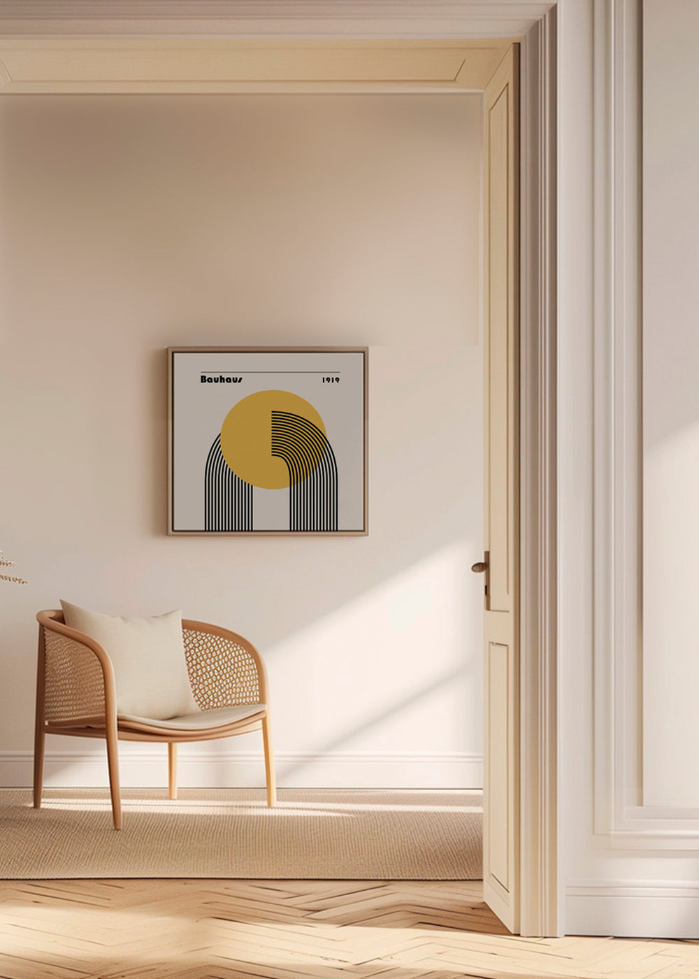 Geometrisk affisch Bauhaus gult sol och bågar