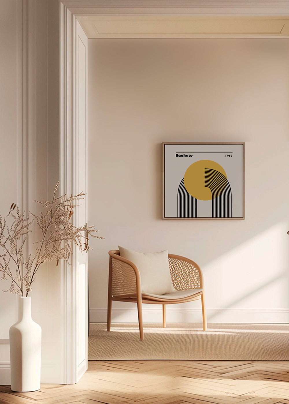 Geometrisk affisch Bauhaus gult sol och bågar