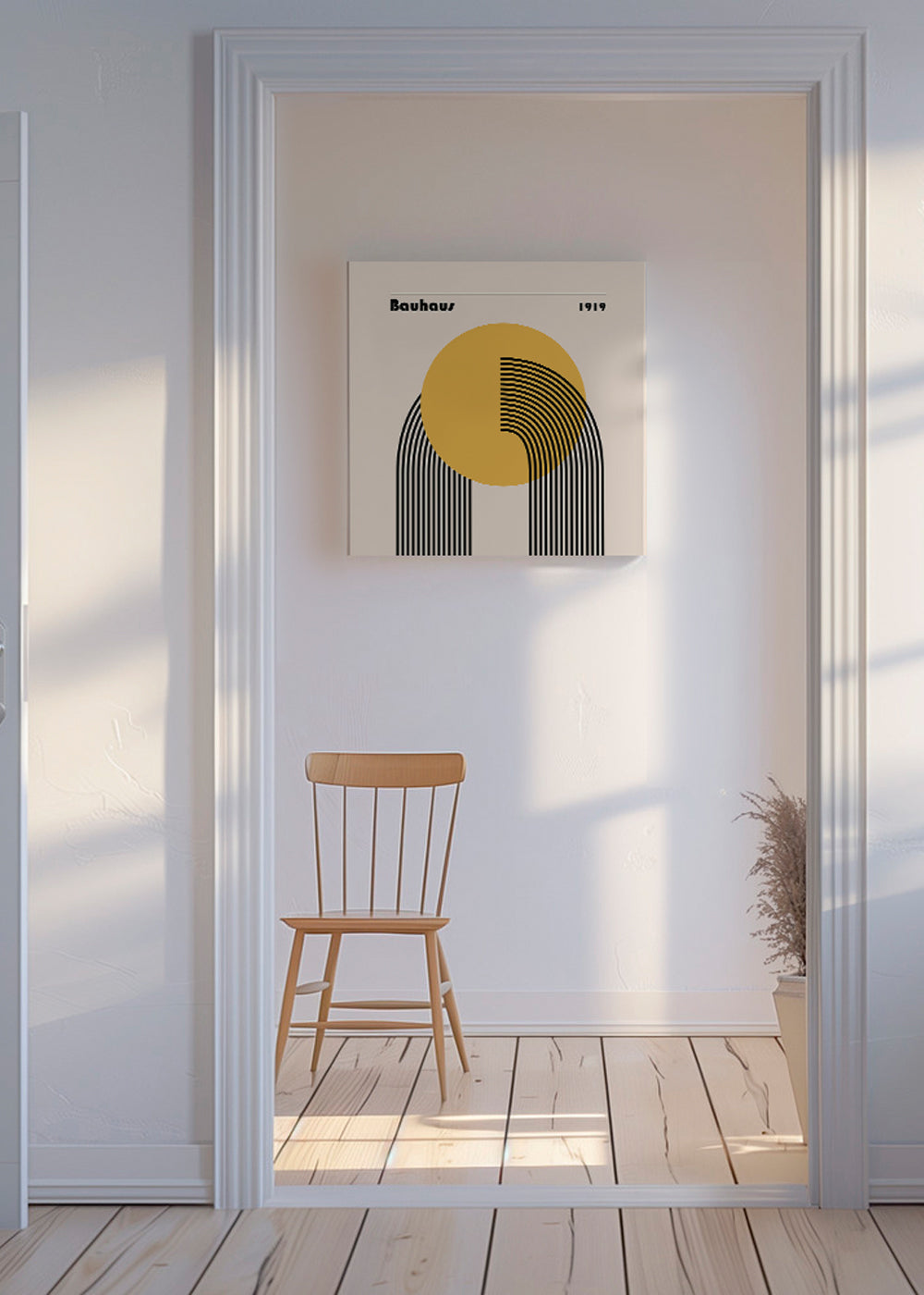 Geometrisk affisch Bauhaus gult sol och bågar