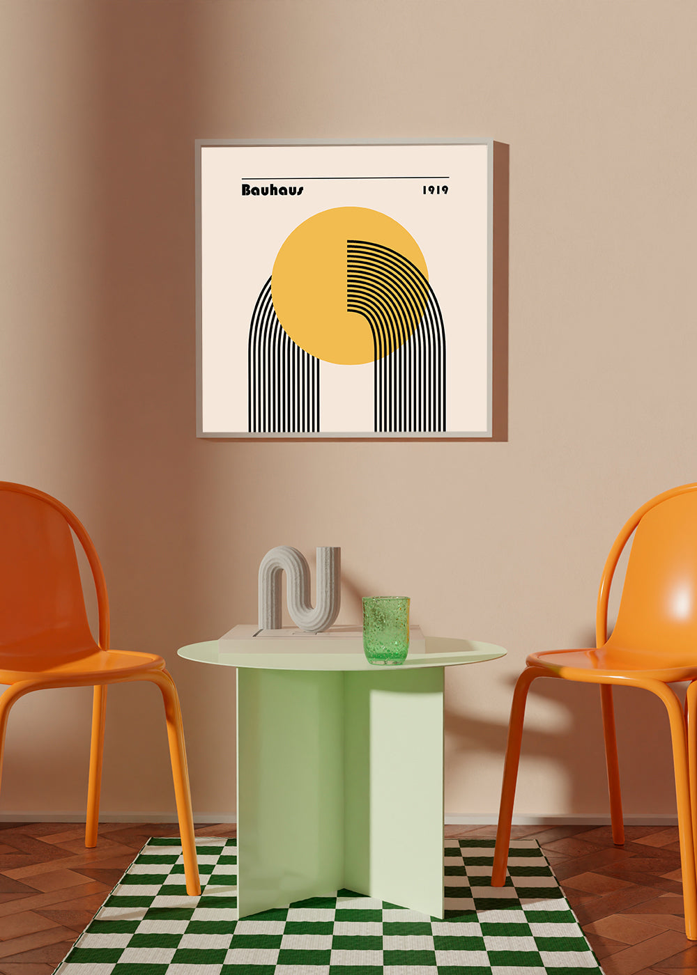 Geometrisk affisch Bauhaus gult sol och bågar