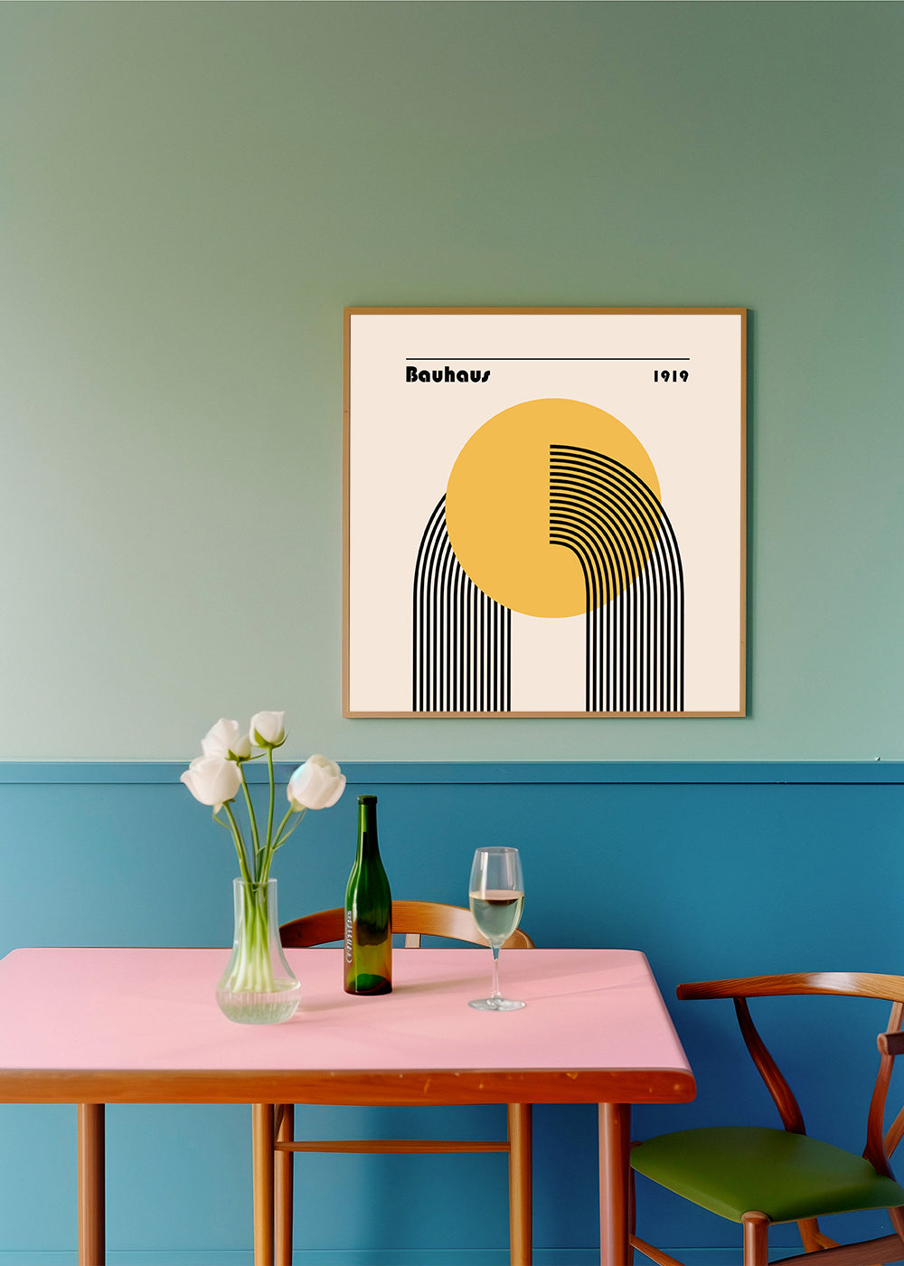 Geometrisk affisch Bauhaus gult sol och bågar