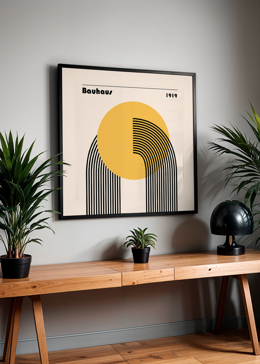 Geometrisk affisch Bauhaus gult sol och bågar