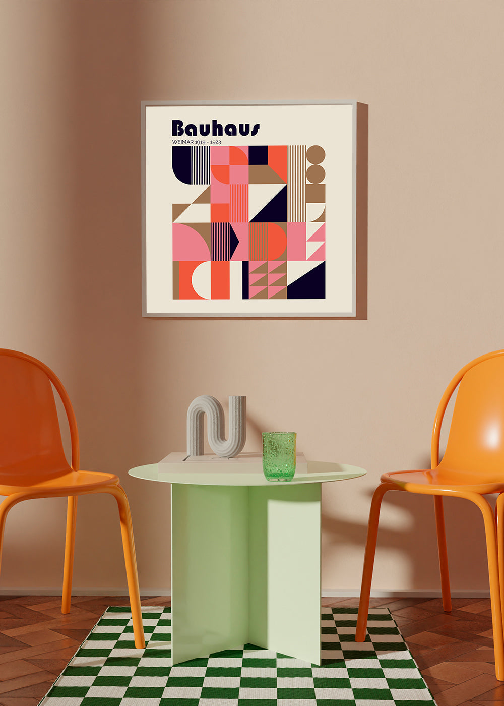 Geometrisk affisch Bauhaus korall och beige