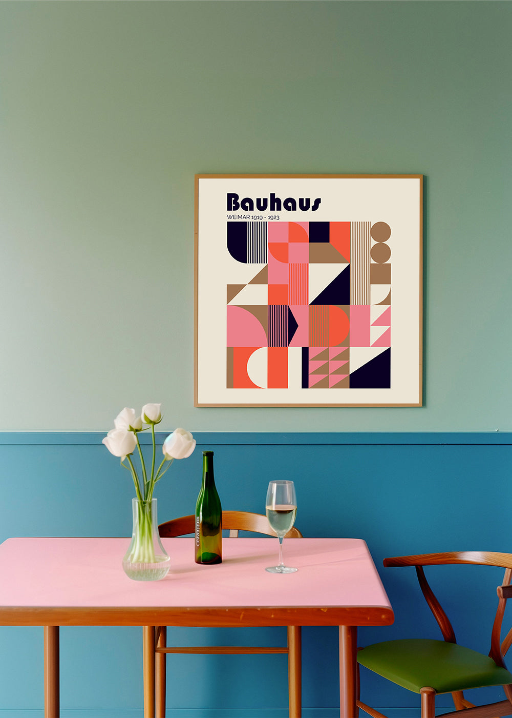 Geometrisk affisch Bauhaus korall och beige