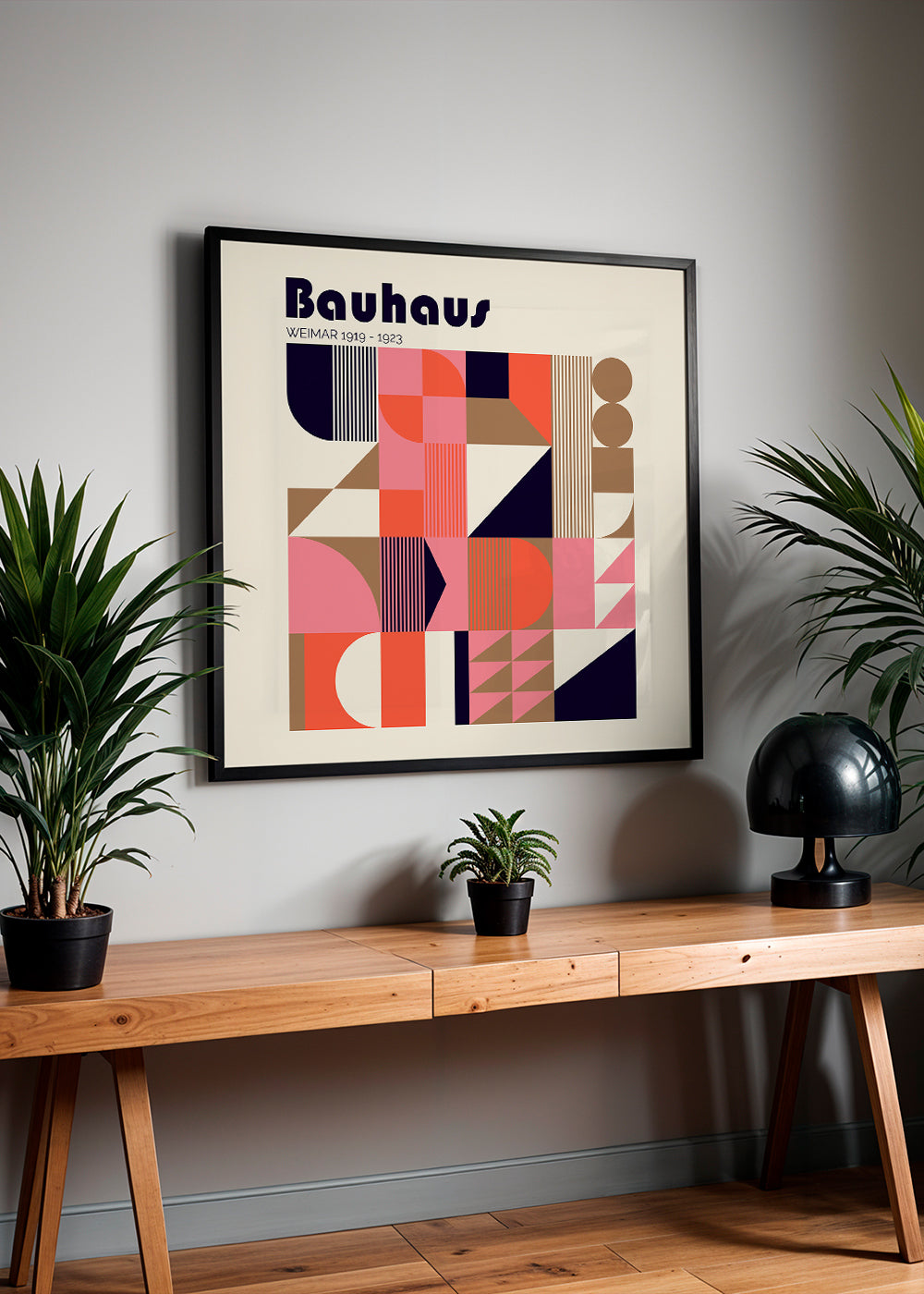 Geometrisk affisch Bauhaus korall och beige