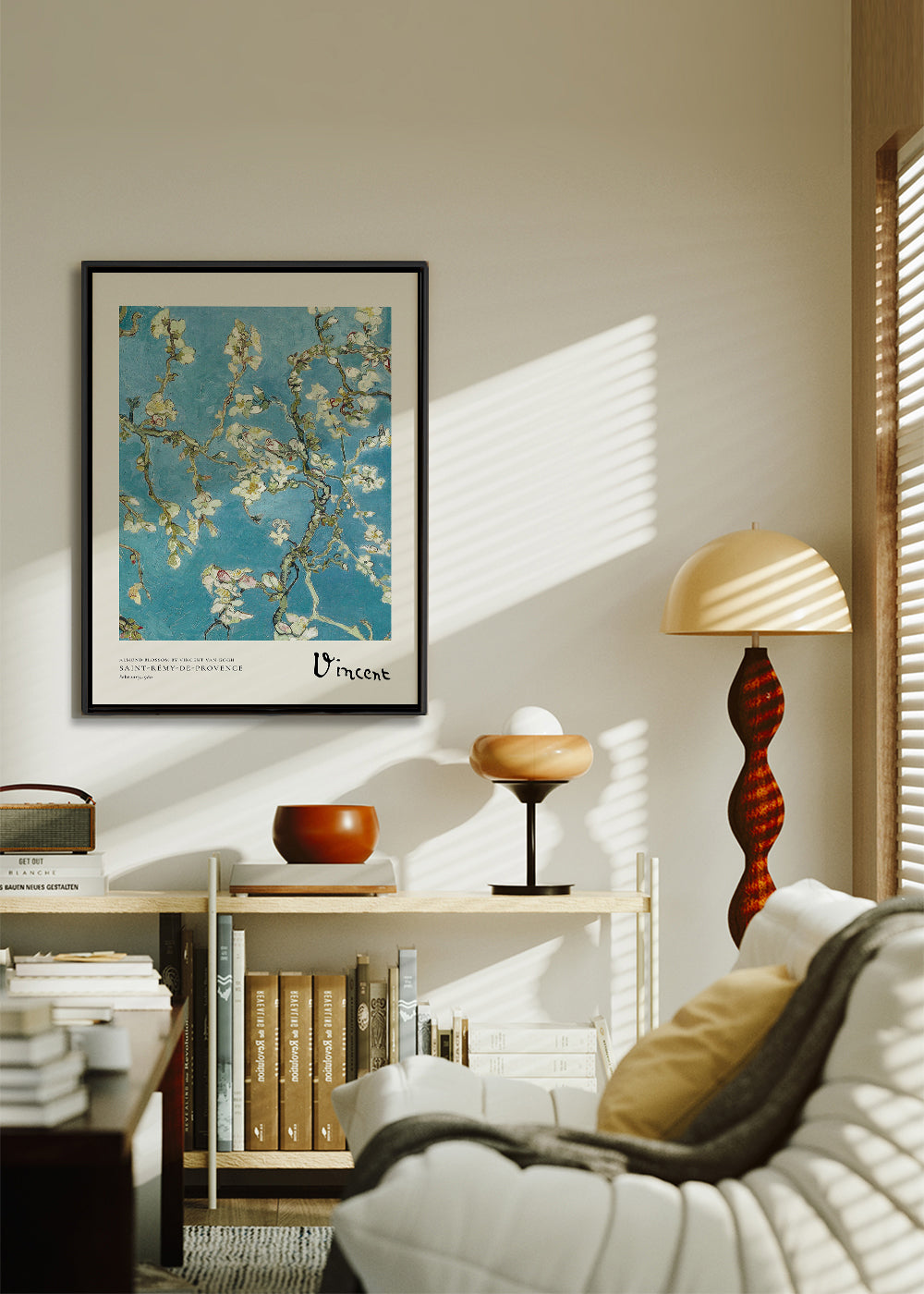 Botanisk poster mandelgrenar på blå bakgrund