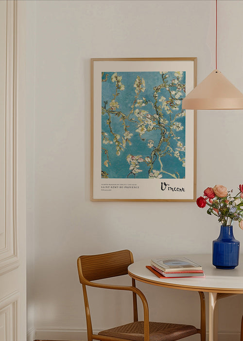 Botanisk poster mandelgrenar på blå bakgrund