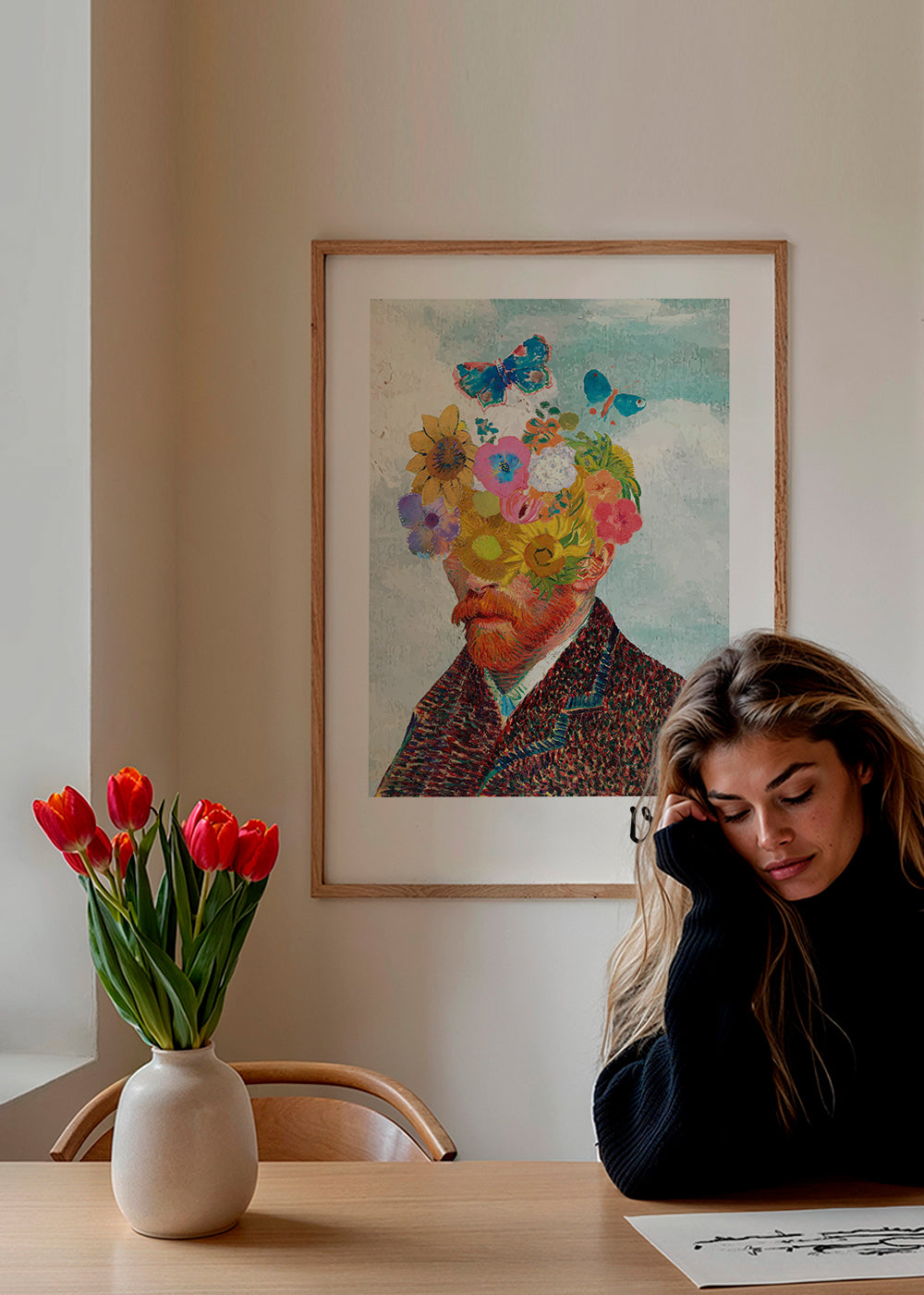 Botanisk poster blomsterporträtt med fjärilar
