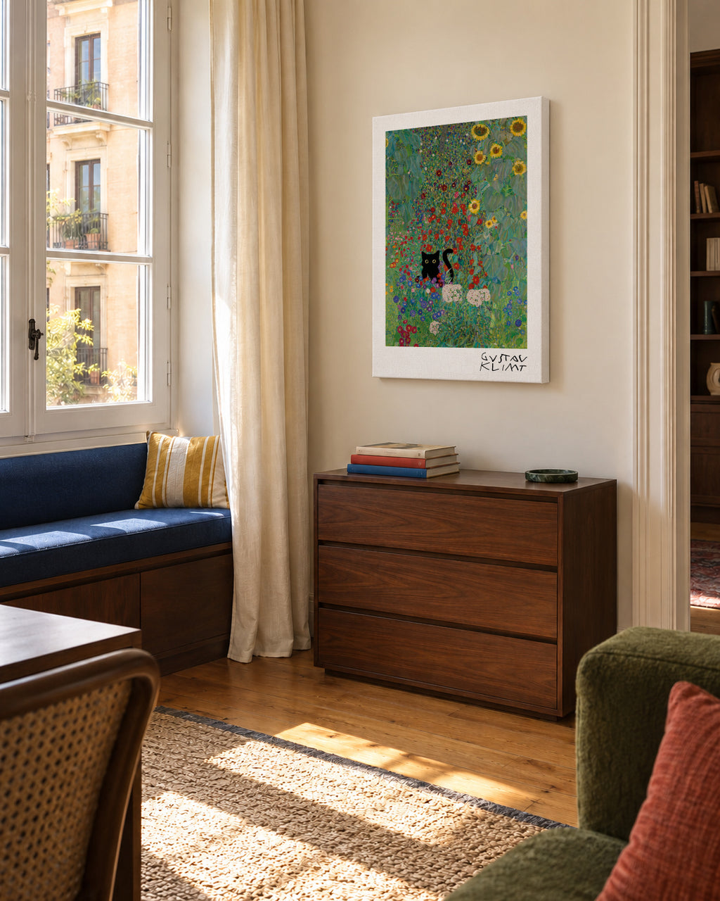 Gustav Klimt Garden Cat Print - Unframed canvas in an interior