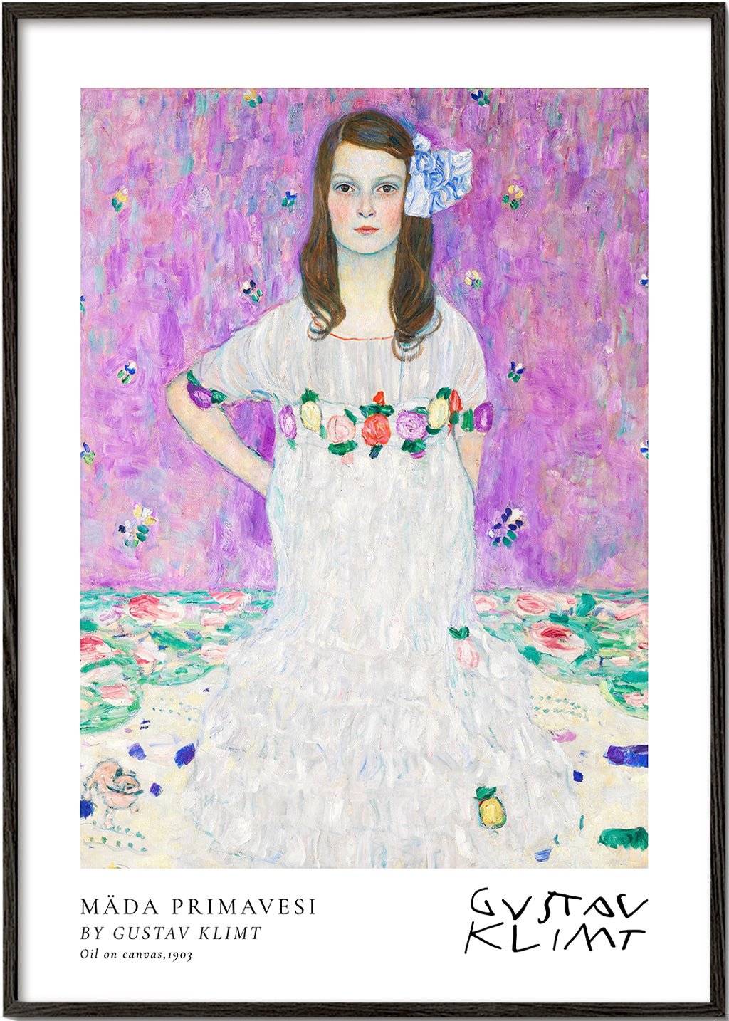 Illustration av flicka i vit klänning med blomkrans