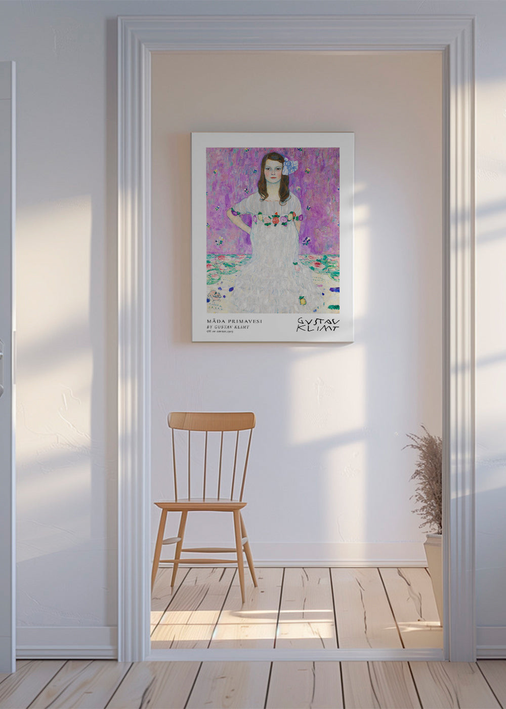 Illustration av flicka i vit klänning med blomkrans