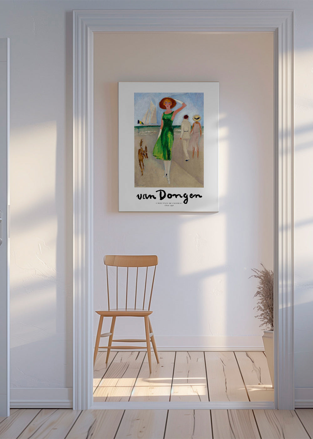 Vintage print kvinna på stranden grön klänning