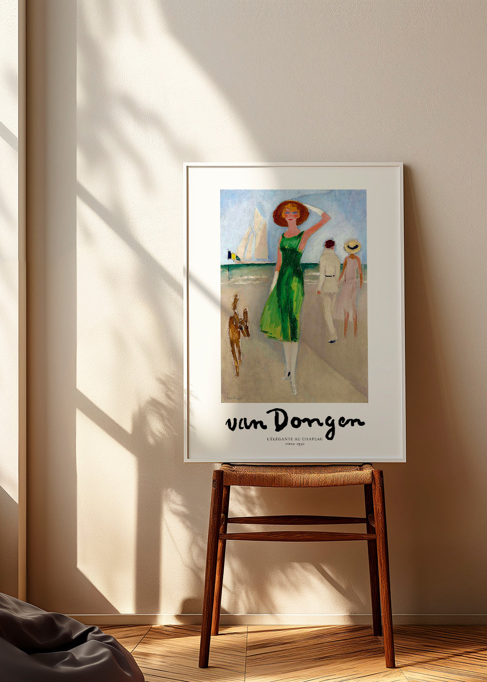 Vintage print kvinna på stranden grön klänning