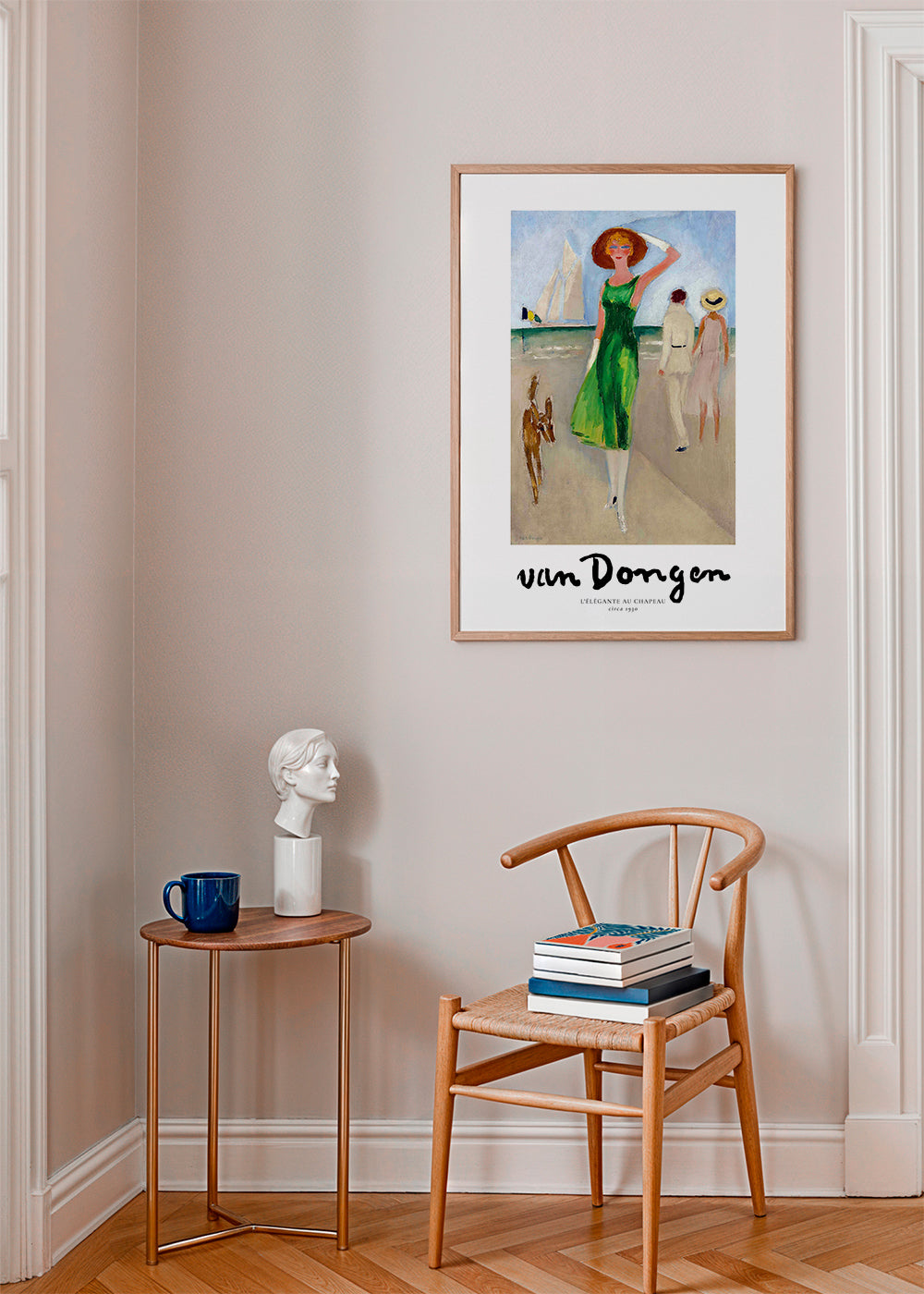 Vintage print kvinna på stranden grön klänning