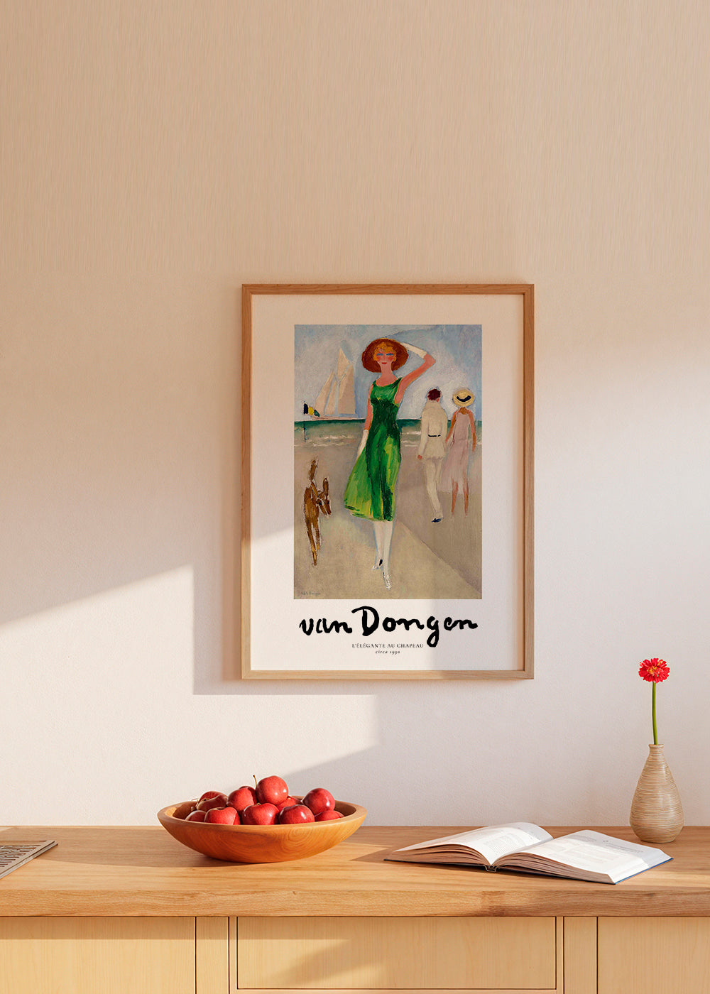 Vintage print kvinna på stranden grön klänning