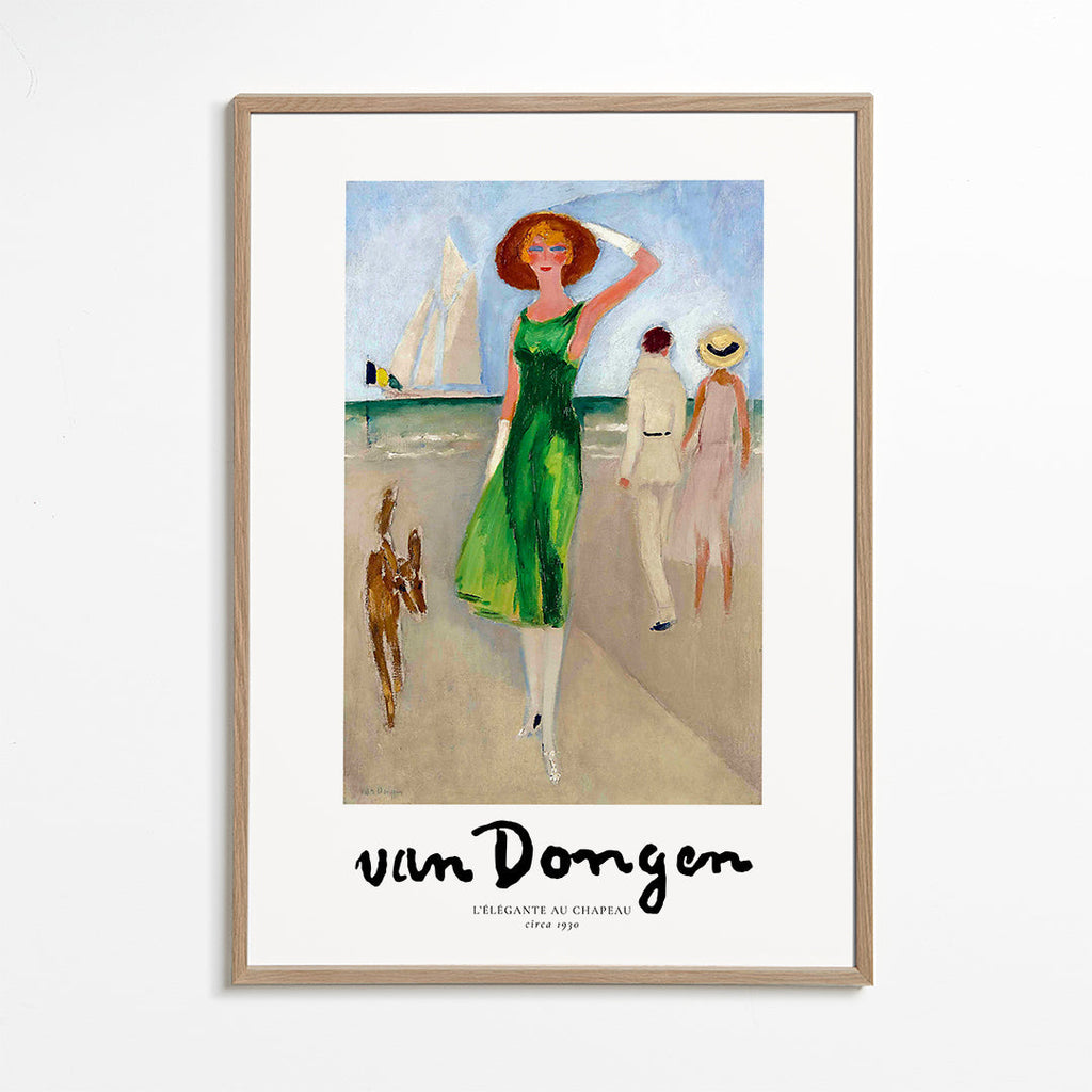 Vintage print kvinna på stranden grön klänning