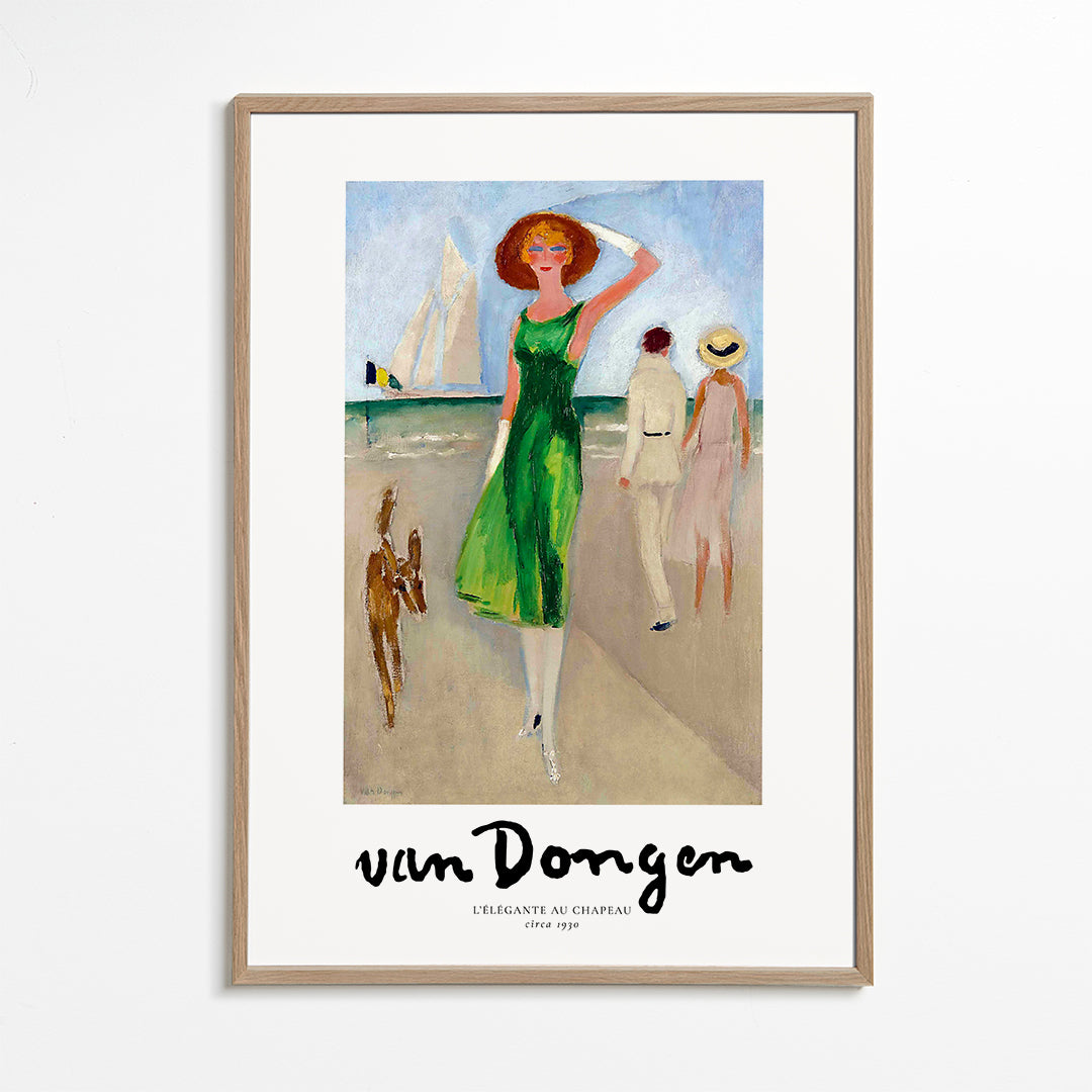 Vintage print kvinna på stranden grön klänning