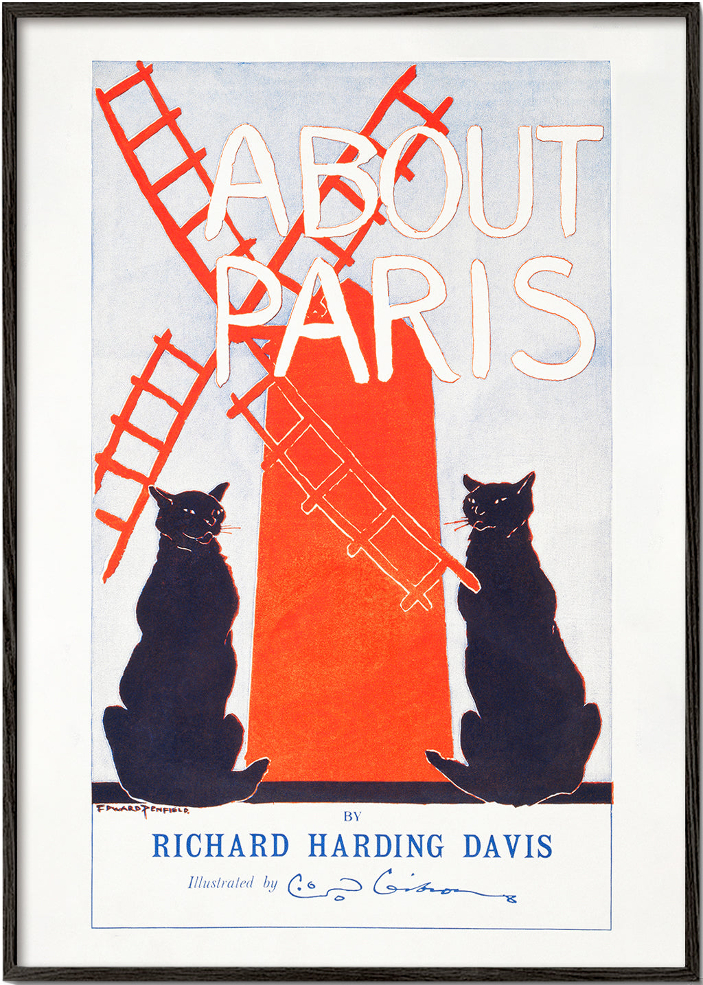 Vintage tryck About Paris med katter och väderkvarn