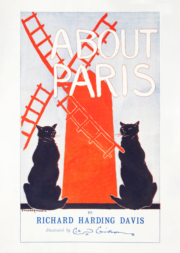 Vintage tryck About Paris med katter och väderkvarn