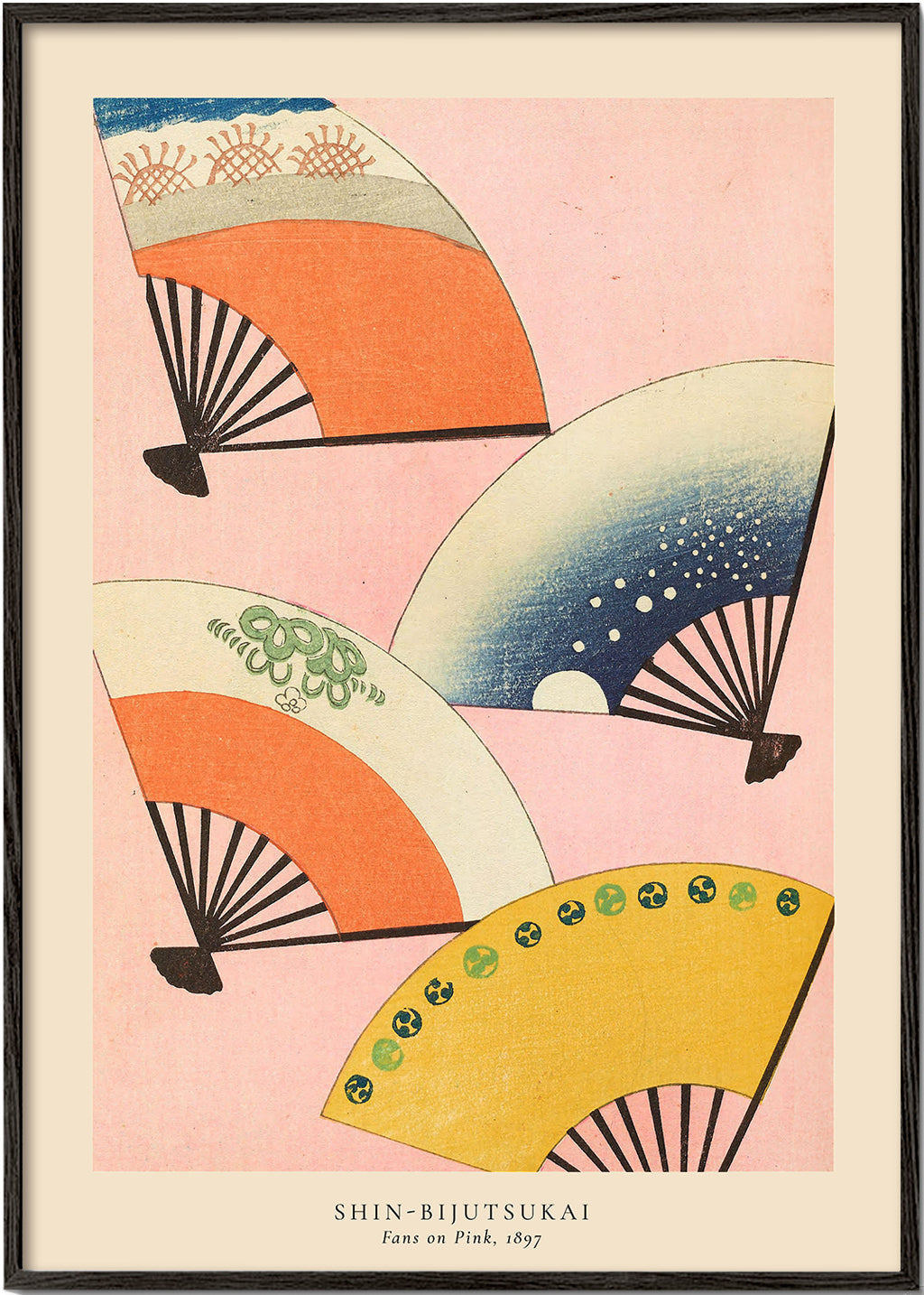 Japansk illustration med fläktar på rosa bakgrund