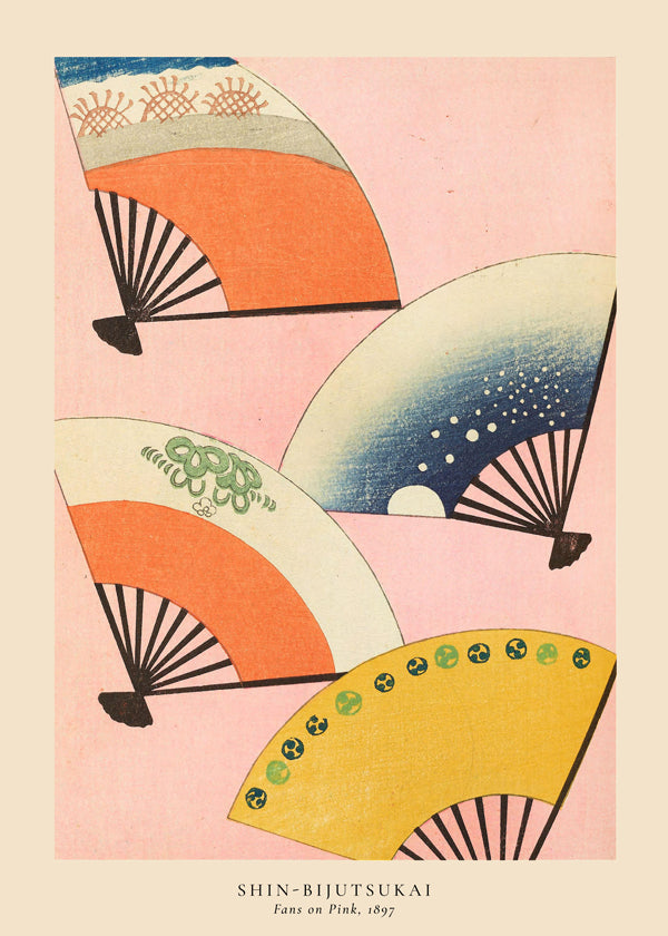 Japansk illustration med fläktar på rosa bakgrund