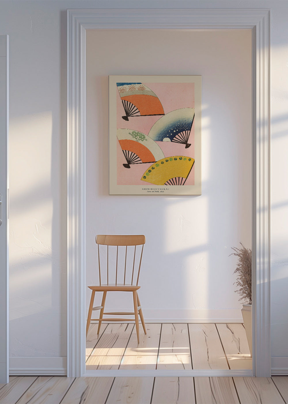 Japansk illustration med fläktar på rosa bakgrund