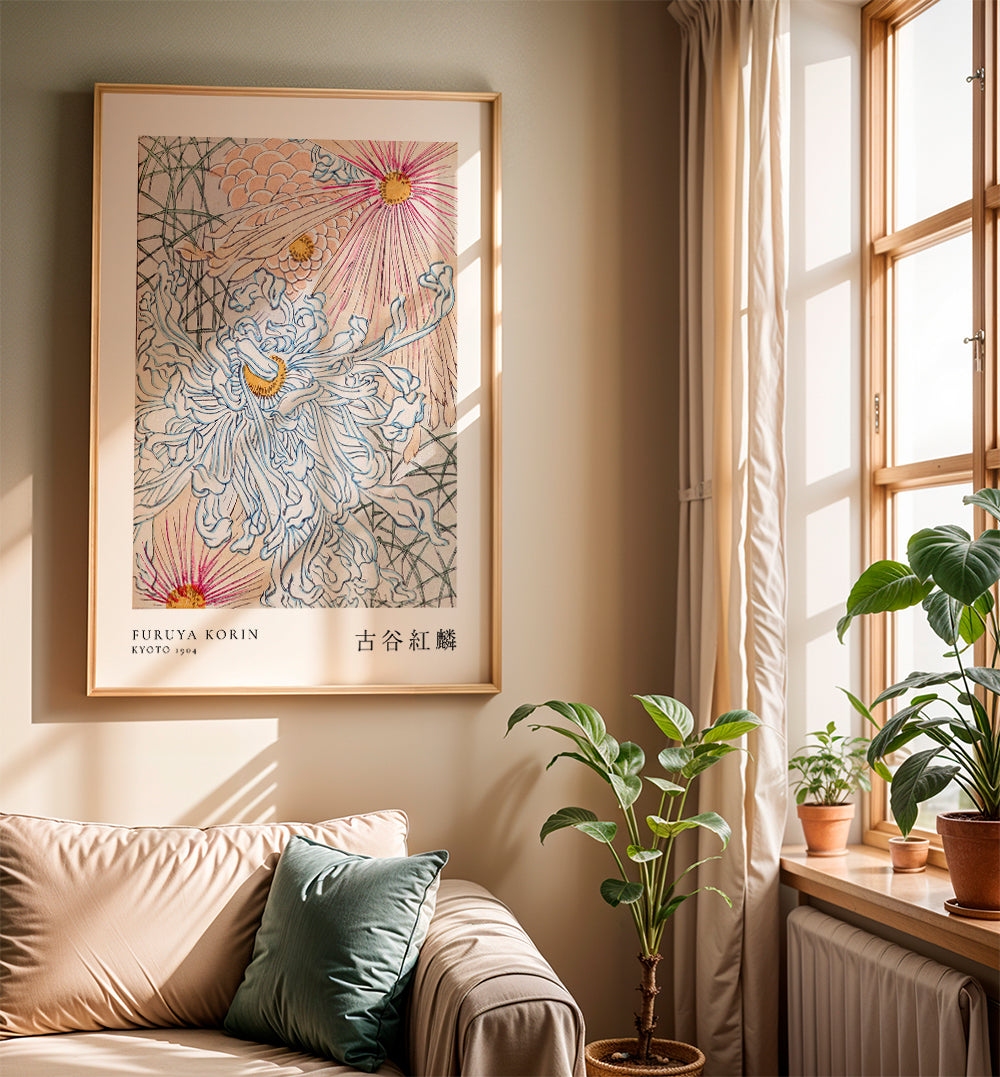 Japansk botanisk tryck med blå krysantemum